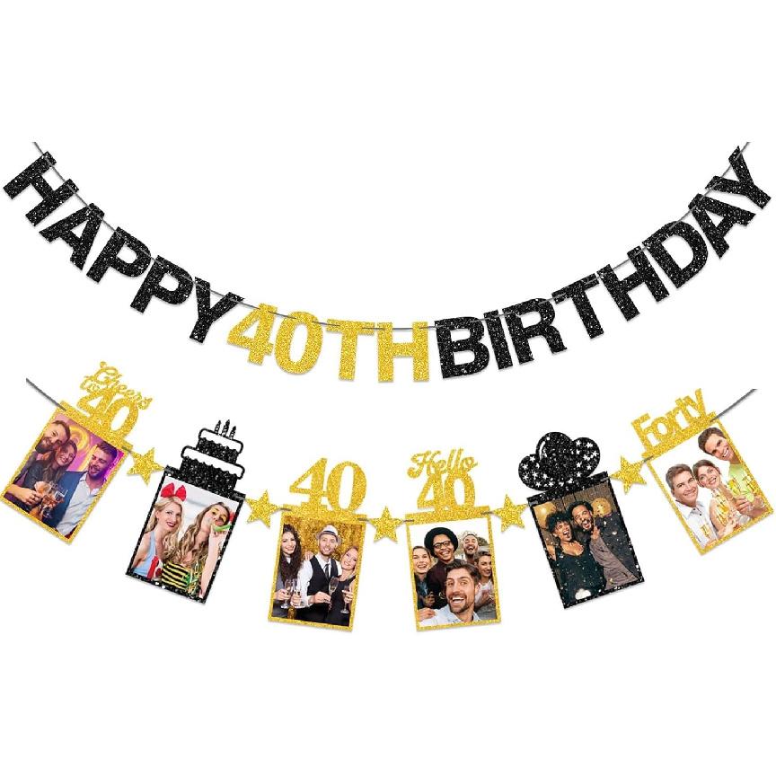 Pre-strung Happy 40th Birthday Photo Banner Decorations for Men Women, Black Gold Glitter Hello 40 Birthday Photo Hanging Banner Party Supplies, Black Gold 40th