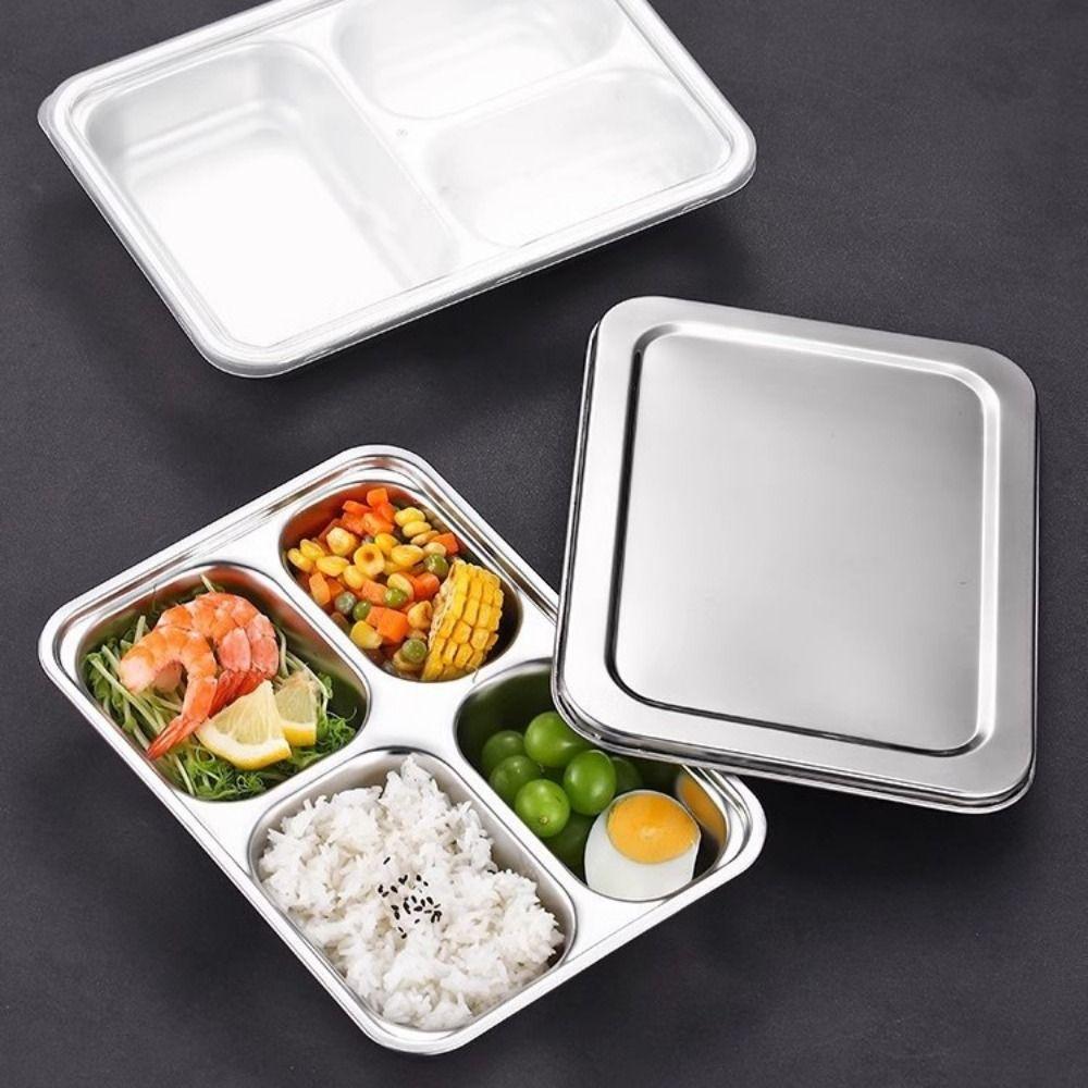 Stainless Steel Divided Lunch Box with Lid Lunch Container Fast Food Plate  Kitchen Tableware