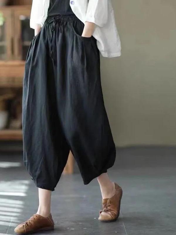 Women's Dopamine Retro Zen Style Elastic Waist Cotton Linen Cropped Harem Pants for Spring Summer