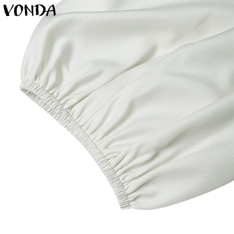 VONDA Women Casual Stand Collar Solid Color Long Sleeve Drawstring Waist Blouse Shirts