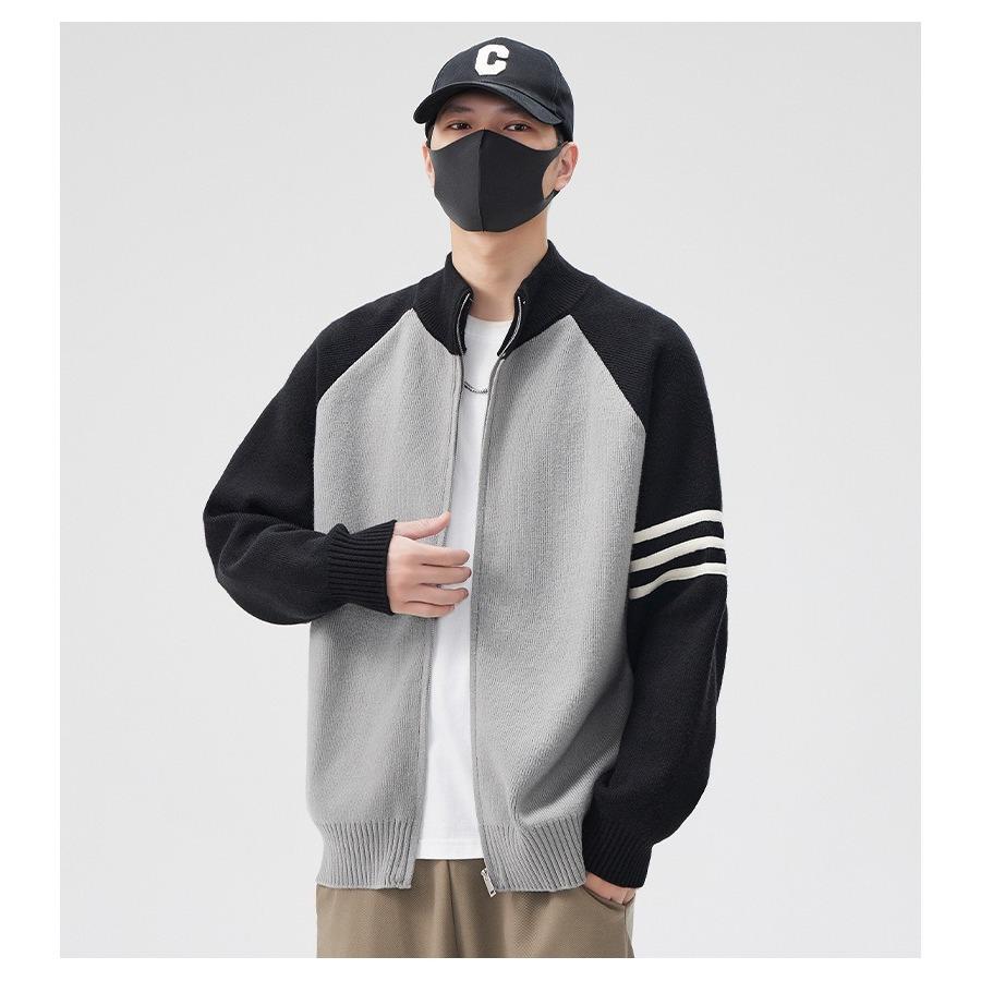 2025 Men's Stand Collar Color Block Cardigan: Trendy Wool Jacket for Spring, Autumn, Winter