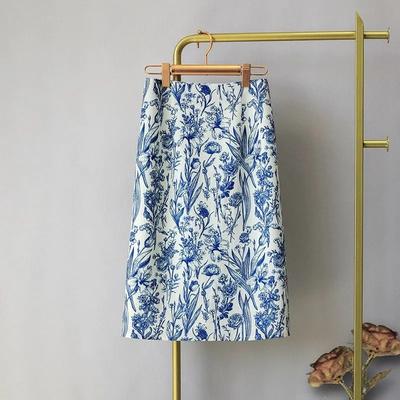 Women's Red Botanical Print Midi Skirt High Waist Slim Fit Elegant Office Pencil Skirt