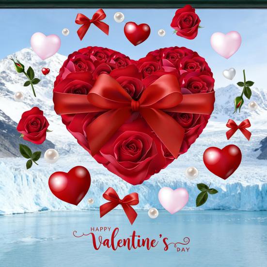 Heart-Shaped Rose Flower Window Sticker Valentine's Day Removable PVC Window Glass Decal Reusable Static Clings for Home Wedding Anniversary