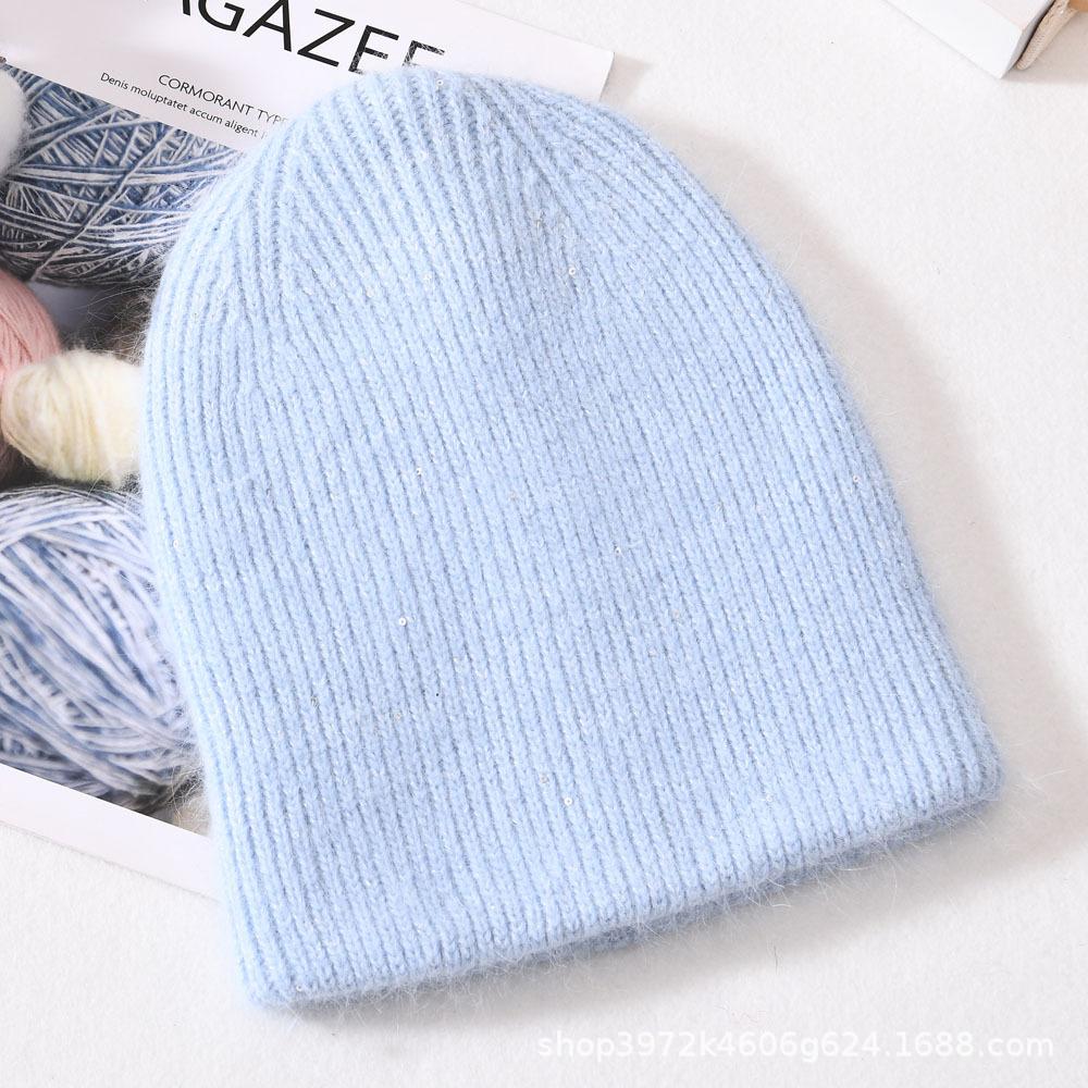 Autumn and winter solid color small sequins soft men's and women's warm wool hats Angola long rabbit hair knitted hat rabbit down cold hat