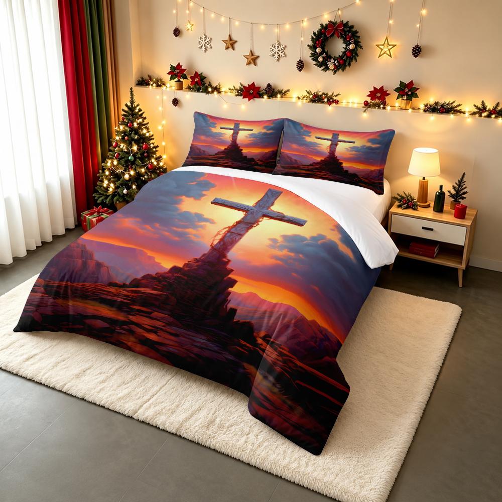 Wooden Cross Rocky Mountain Sunset Bedding set (1 duvet cover, 2 pillowcases, duvet not included), Faith Scenic Art Print
