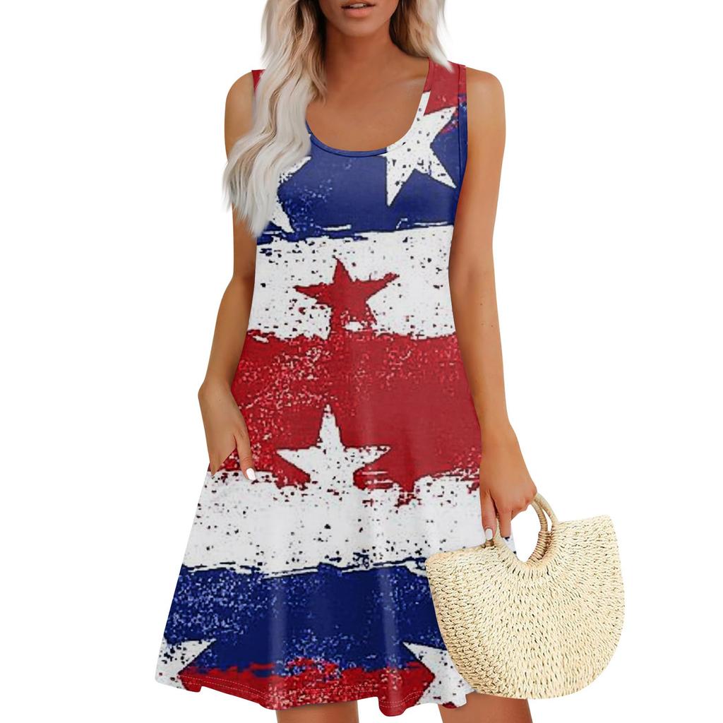 Women's Summer Casual Square Neck Independence Day Printed Dress Sleeveless Dress With Pockets