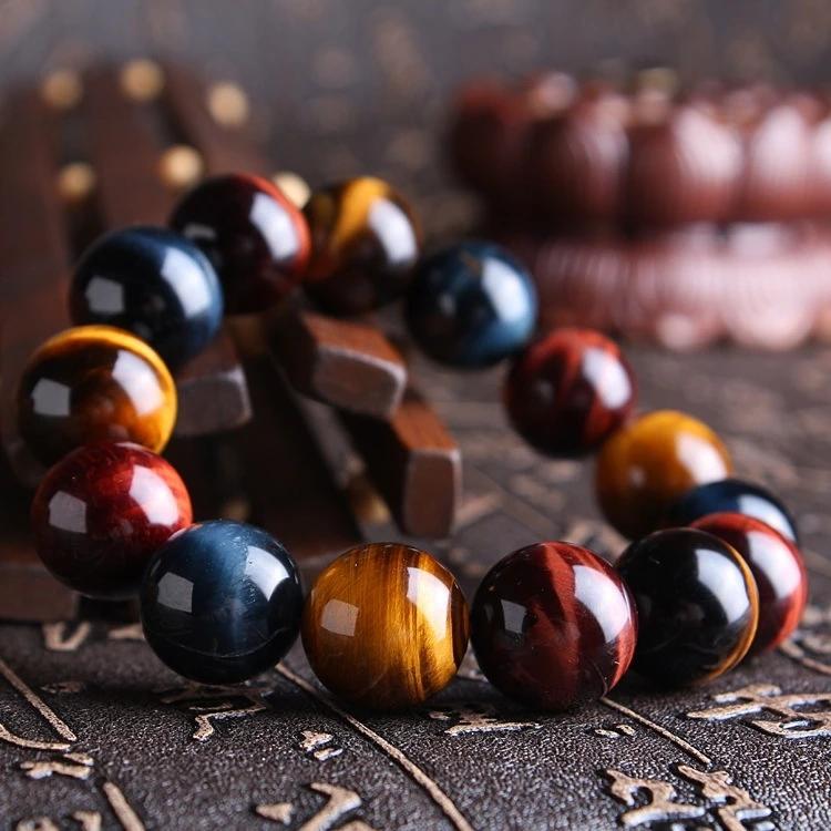 Natural Colorful Ball-Shaped Tiger Eye Bracelet with Blue Red Beads for Women Men Party Occasion Stretch Sizes 10-20mm AAAAAA