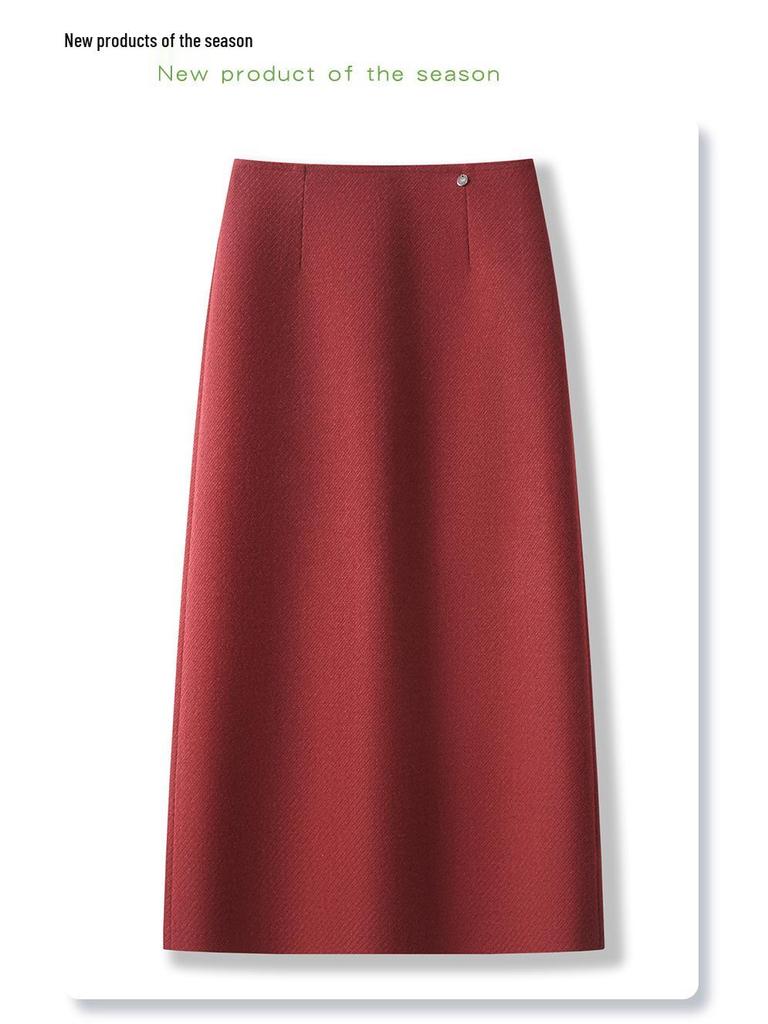 2024 Women's High Waist Red Angora Tweed Bodycon Midi Skirt - New Autumn/Winter Style