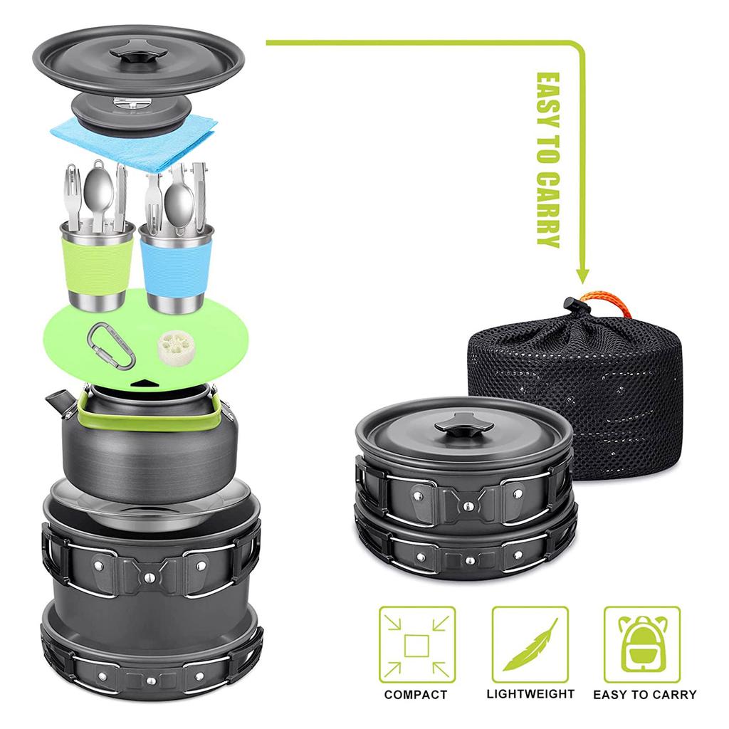 22PCS Camping Cookware Set Portable Outdoor Cooking Pot with Teapot Anodized Aluminum Nonstick Lightweight Picnic Gear