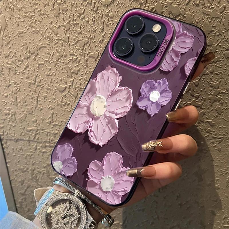 Luxury Oil Painting Flower Electroplate Silver IMD Case For iPhone14 15 11 12 13 Pro Max 7 8 Plus X XR Shockproof Hard Cover