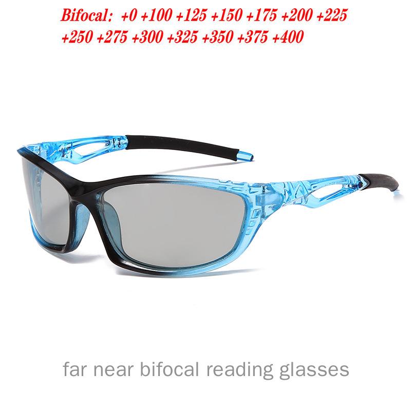 Overgang Fotochromische Bifocale Leesbril Mannen Sport Fietsen Vierkante Zonnebril Lezers Mode Anti UV-straal Oogvermoeidheid NX +100 blauw