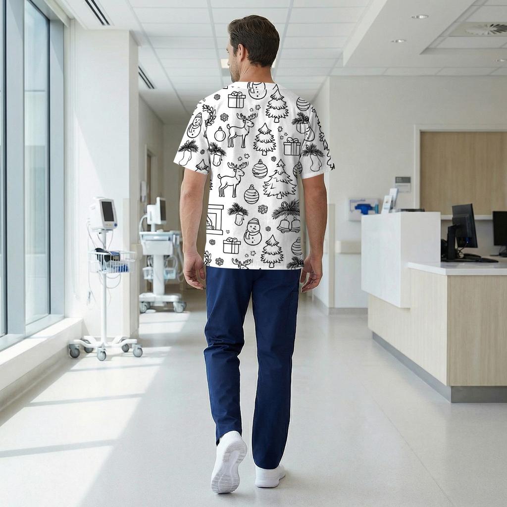 Men's Short Sleeve V-Neck Christmas Scrub Top with Chest Pocket and Print