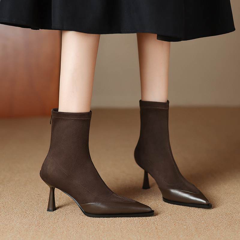 Krazing Pot Flock Autumn Winter Shoes Stiletto Thin High Heels Big Size 40 Modern Boots Pointed Toe Keep Warm Zip Ankle Boots