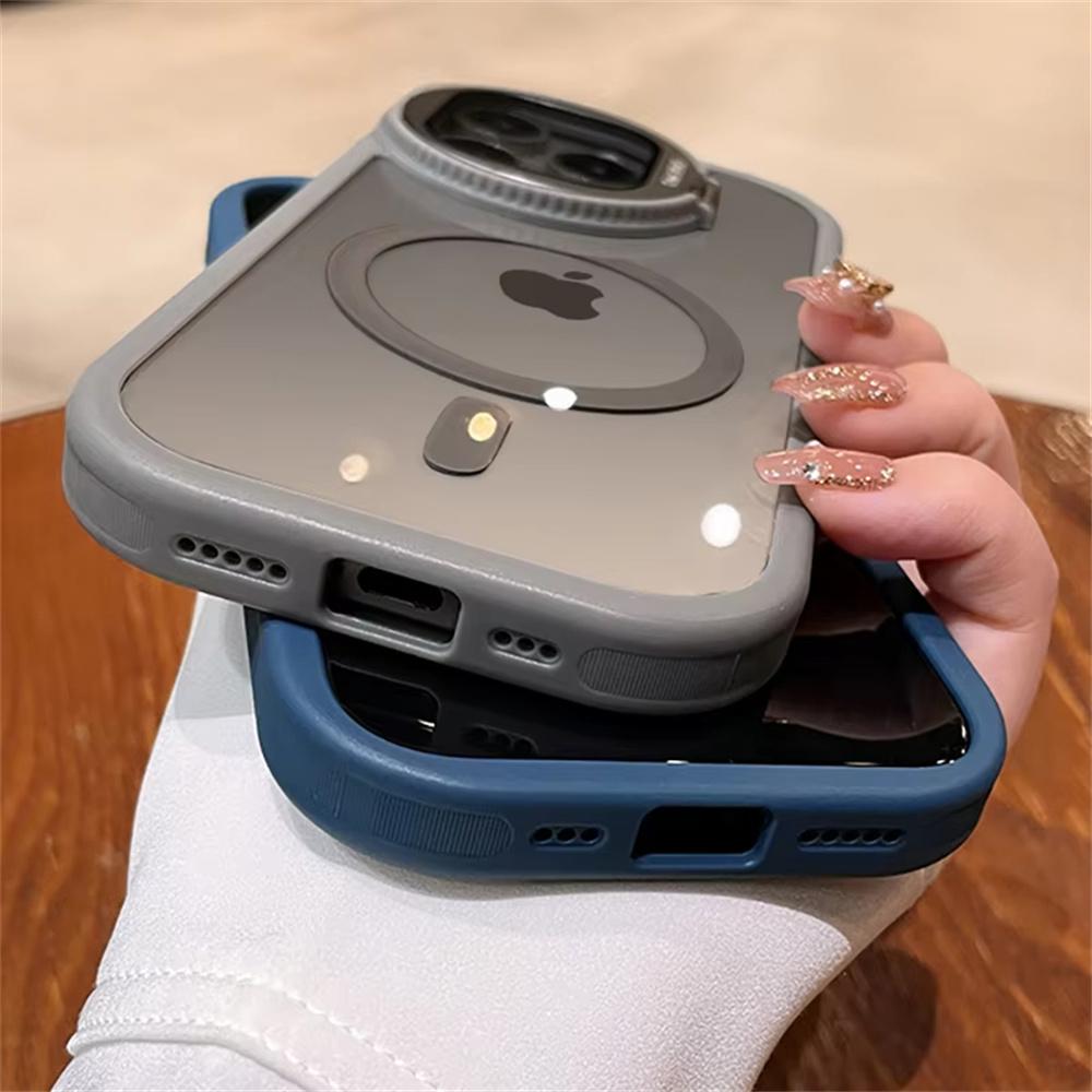Camera Protection Stand Holder Phone Cases For iPhone 16 15 14 12 13 11 Pro Max Plus For Magsafe Magnetic Wireless Charge Cover
