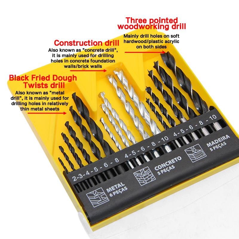 Construction Drill Three Point Woodwork Drill 16pc Mix Straight Handle Bit Plastic Wood Metal Twist Drill Locate Tool Accessory