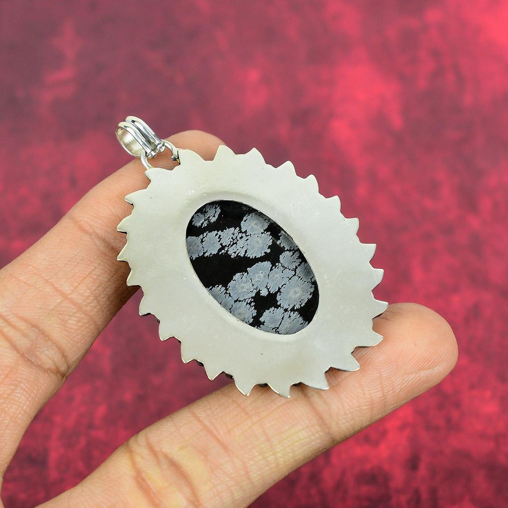 Wisiorek z obsydianu w kształcie płatka śniegu, 925 solidne srebro próby 925, ręcznie robiony delikatny wisiorek z kamieniami szlachetnymi, dla niej