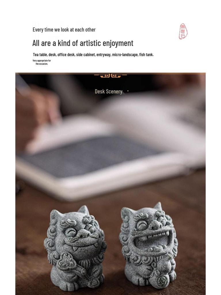 Chinese Stone Lion Pair Fengshiye Desktop Ornament & Bonsai Fish Tank Decoration