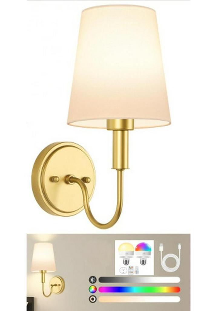American-Style Wireless RGB Wall Lamp with Remote Control and Fabric Shade for Bedside, Living Room, or Stairwell