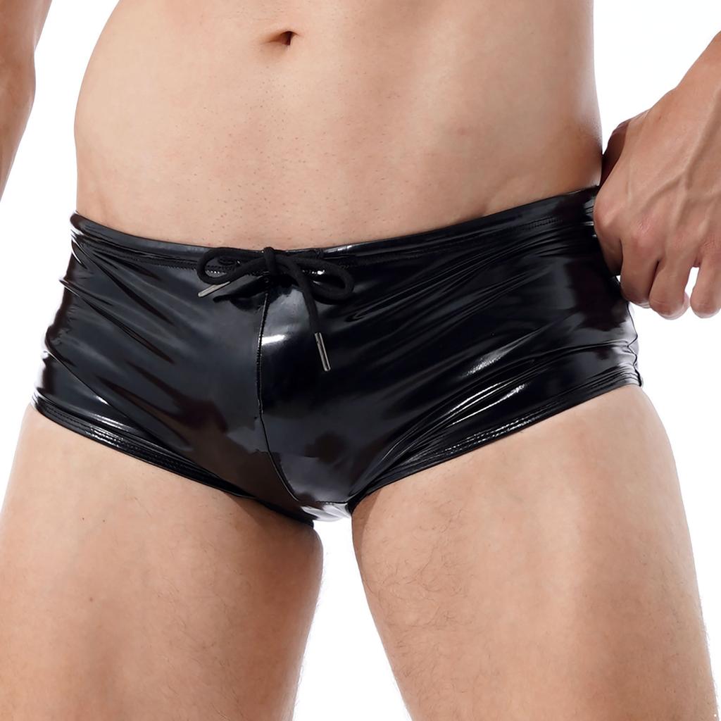 Mens Patent Leather Swim Trunks Wet Look Design Low Rise Boxer Shorts Drawstring Waist Party Clubwear