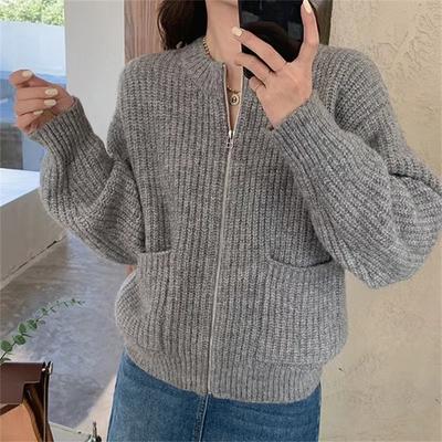 Autumn and Winter New Korean Version of Thin Zipper Crew Neck Sweater Jacket Women's Lazy Style Loose Double Pocket Knitted Cardigan Women