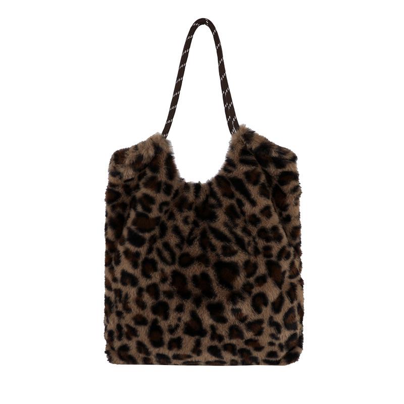Large Capacity Simple New Trend Fashion Leopard Print Plush Atmospheric Shoulder Bag Underarm Bag Women's Bag