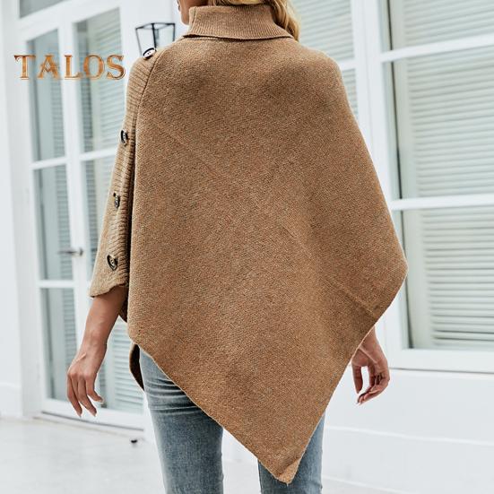 Suéter de mujer, tops de cuello alto, suéter de color sólido estilo capa, abrigo con botones, decoración, corte holgado, top informal de punto para desplazamientos