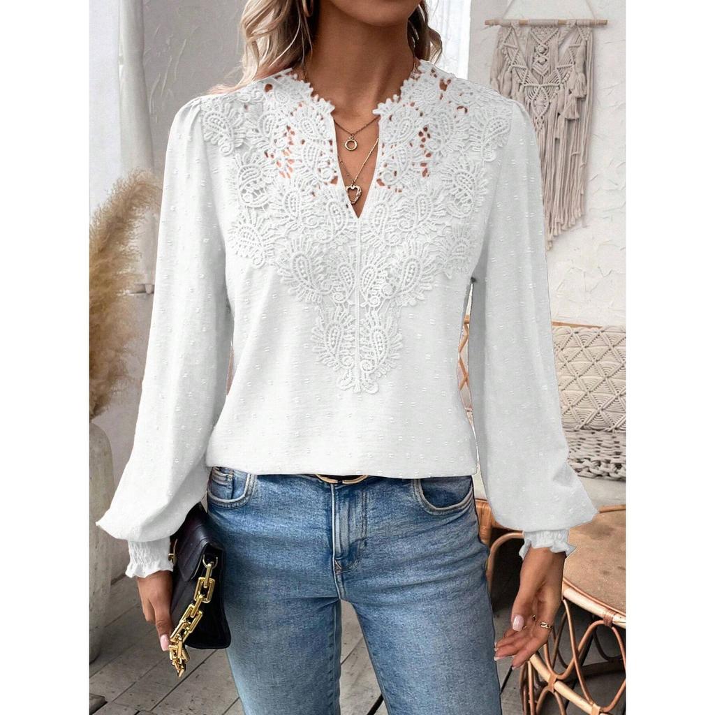 IHUASU Autumn Winter Fashion V-neck Lace Solid Color Long Sleeve Casual T Women's Top