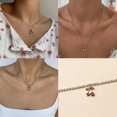 New Necklace Cute Cherry Alloy Diamond Necklace Versatile Gold-plated Love Women Pendant Collarbone Chain