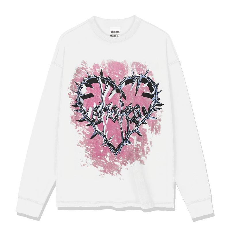 Washed Retro High Street Thorns Small Heavy Vintage Printed Short-Sleeved T-Shirt Retro Neckline Love Bottoming Shirt Cotton