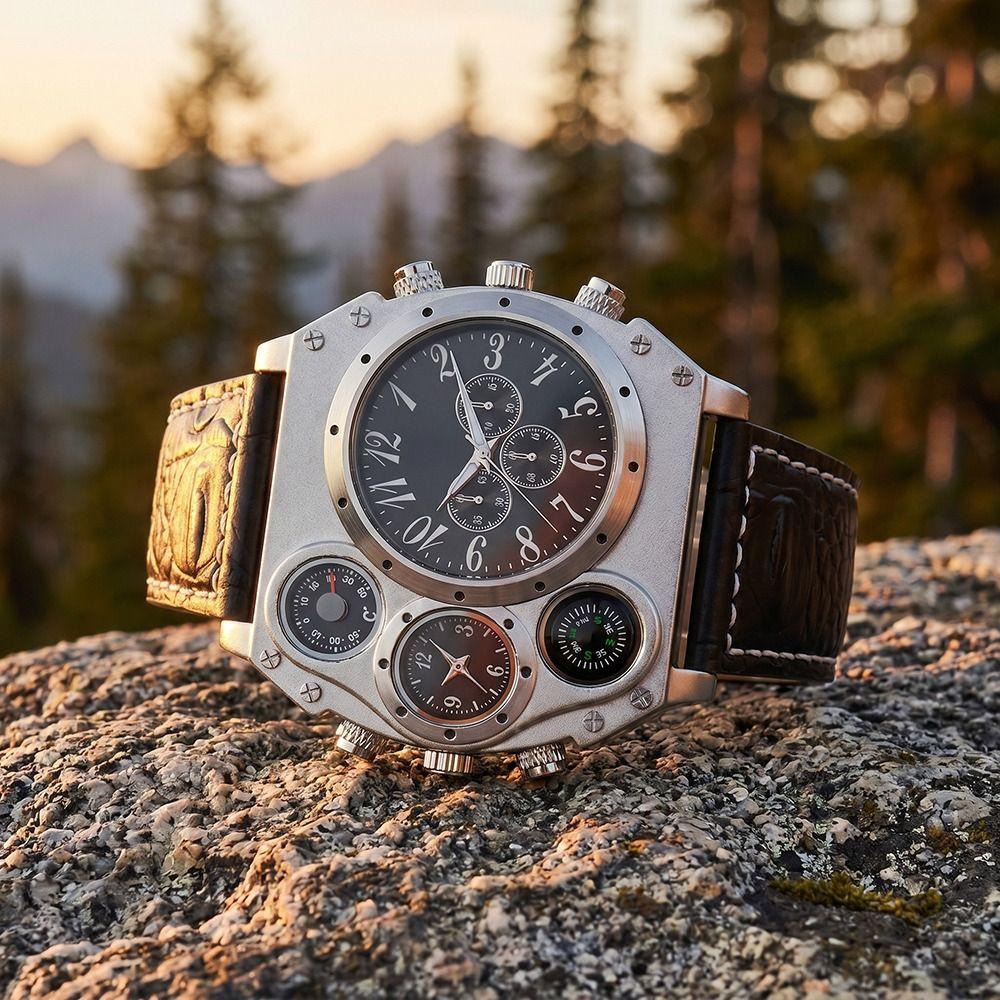 PU Leather Strap Dual Time Zone Watch Large Dial Men's Watch Luxury Quartz Watch Casual Wear
