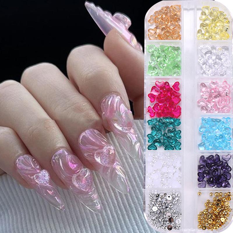 12 Grids 3D Colored Heart Shape Nail Art Charms Transparent Love Heart Resin Stones Jewelry Pearl Decor Manicure