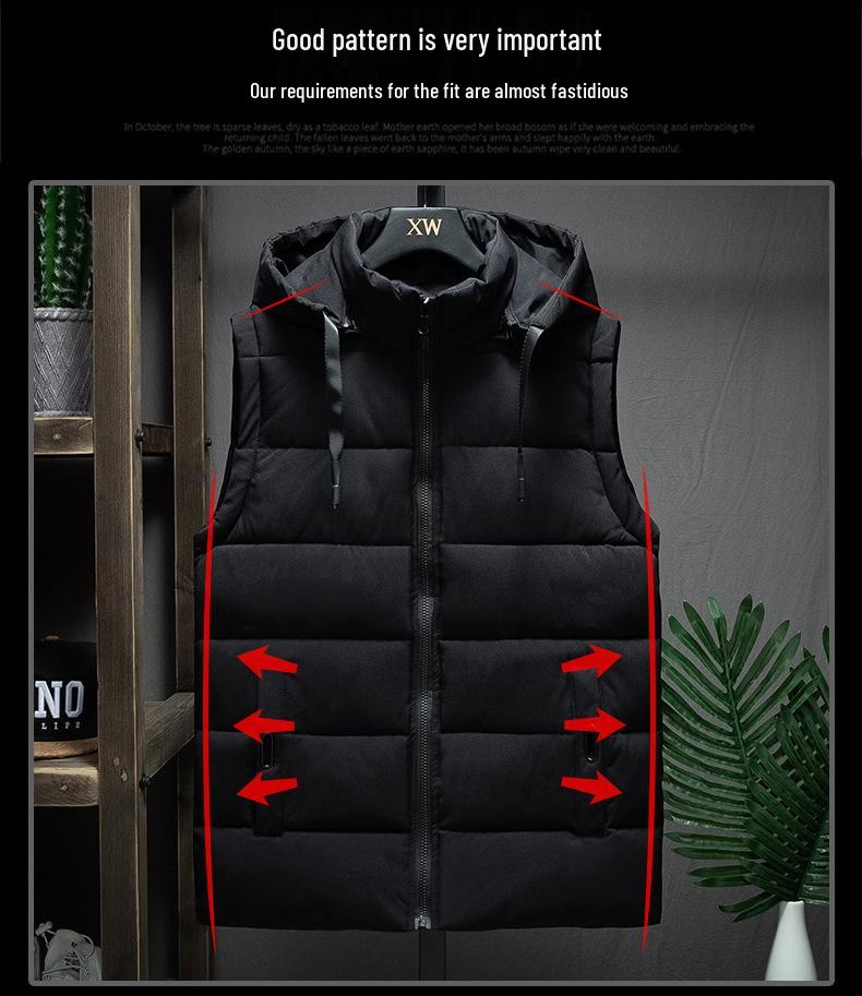 Men's Korean-Style Sleeveless Cotton Vest with Removable Hood, Warm & Trendy for Autumn and Winter.