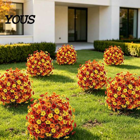 Long Lasting Faux Flowers for Home Fall Artificial Topiary Ball Flowers, Mums Plants Tree, UV Resistant Outdoor with Vibrant Floral Decor Spike, Fake