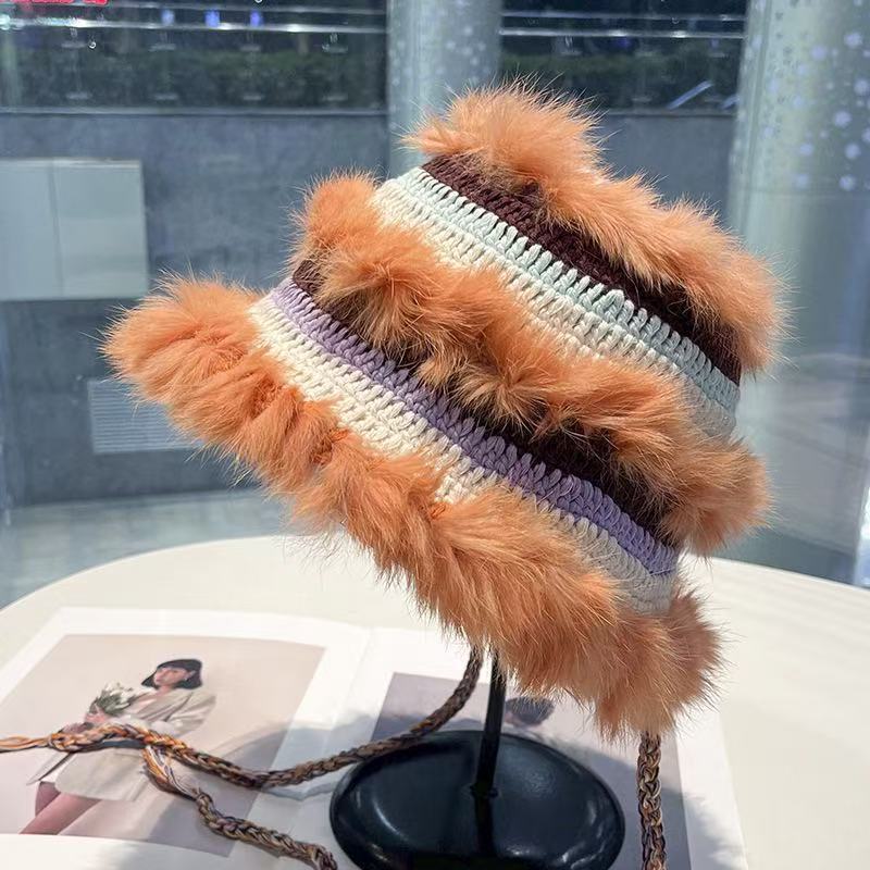 Cartoon Style Wool Beanie With Plush Fur Material And Adjustable Fit For Casual Wear