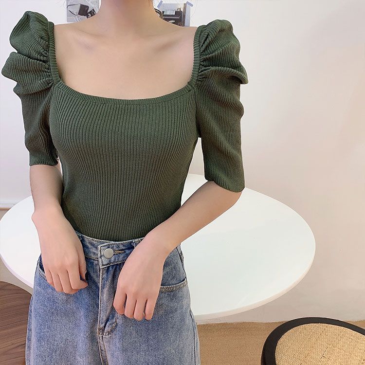 Summer Design Retro Square Neck Slim Knit Top Short Sleeved T-shirt for Women