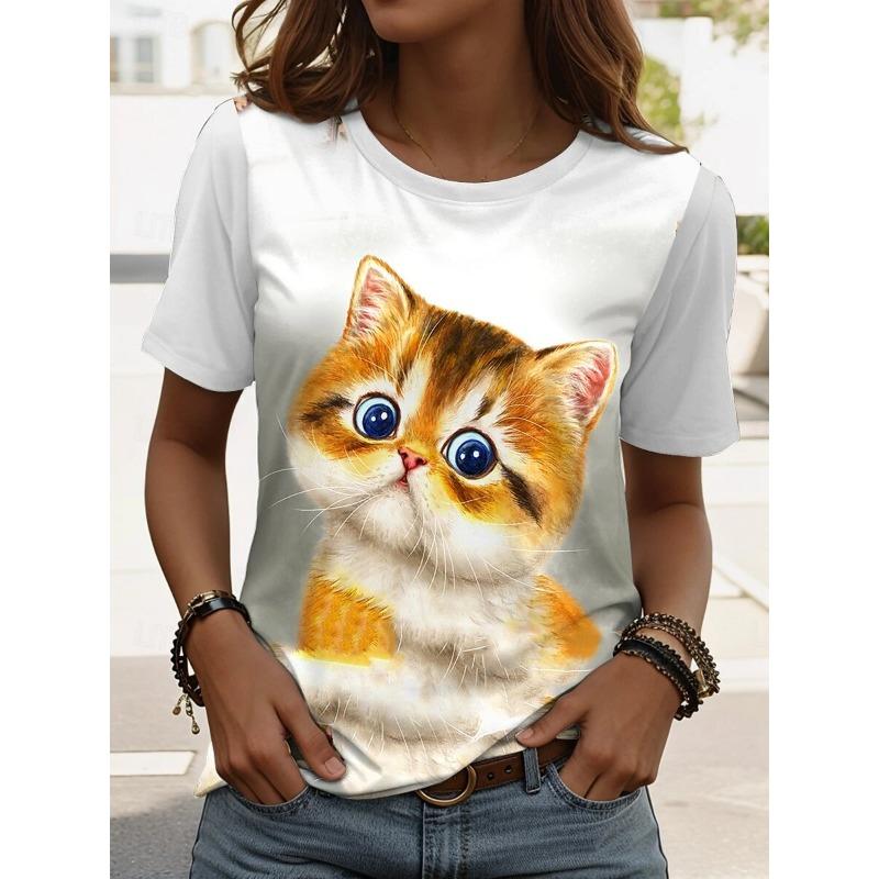 Women's Retro Cat Pattern T-shirt Cute Fashion Short-Sleeved Round Neck Top Regular Fit Daily Weekend Print Blue Summer Spring