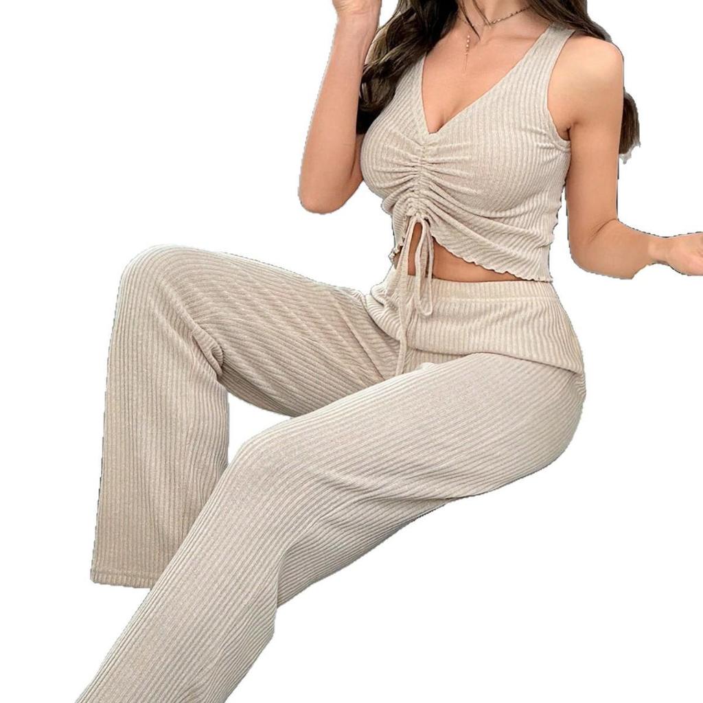 2025 Women's Sleeveless Camisole & High-Waist Long Pants Pajama Set - Breathable Knit