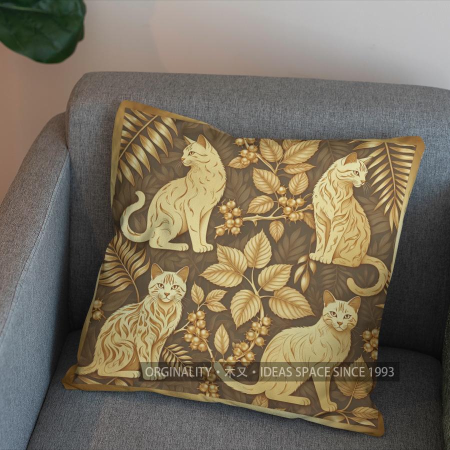 2D Golden Cats With Branches Pattern Pillow Cover Pattern Cushion Cover Suitable For Sofa Bedroom Car Pillow Cover