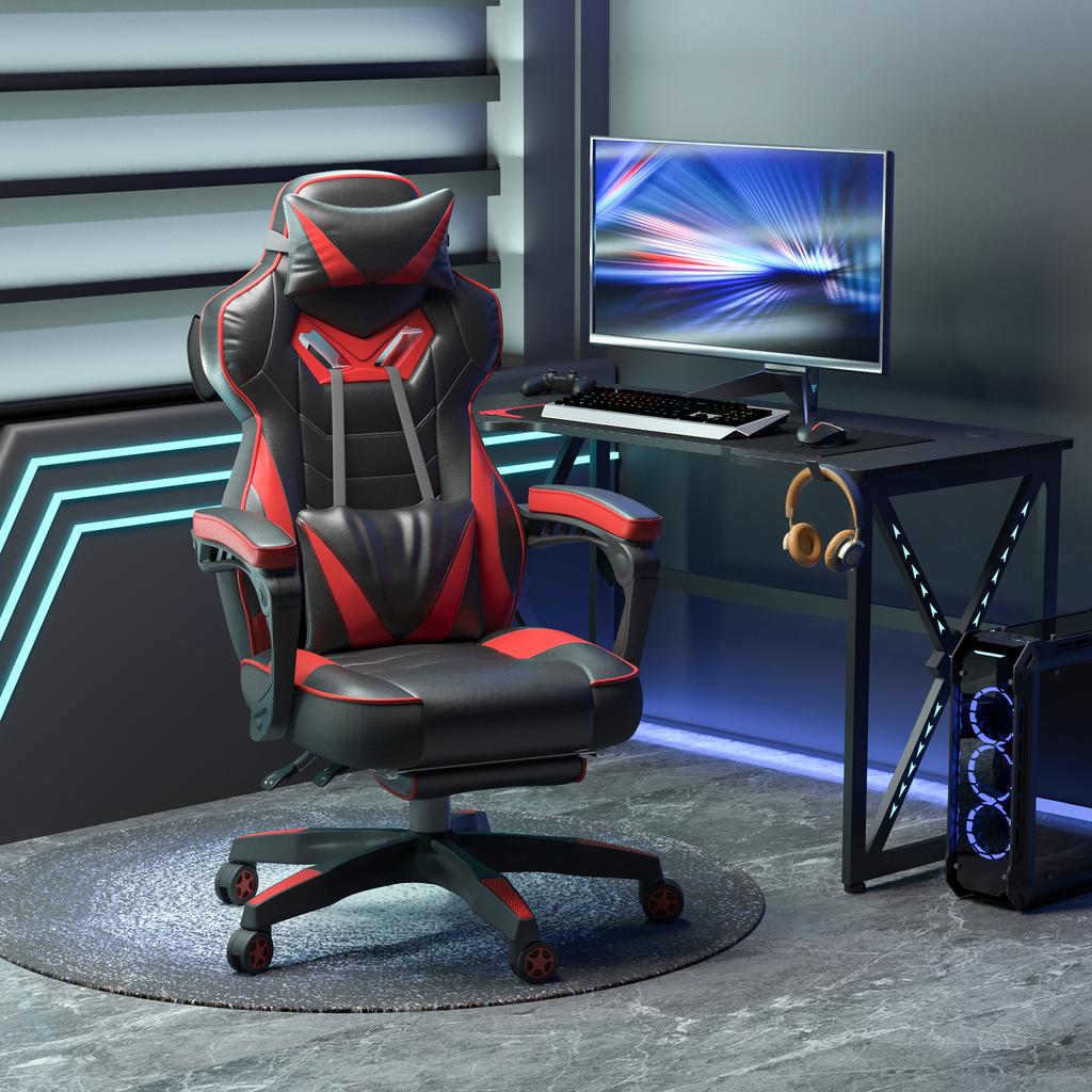 Gaming Chair, PU Leather Computer Chair, Home Office Chair with Footrest, Lumbar Support and Headrest, Red