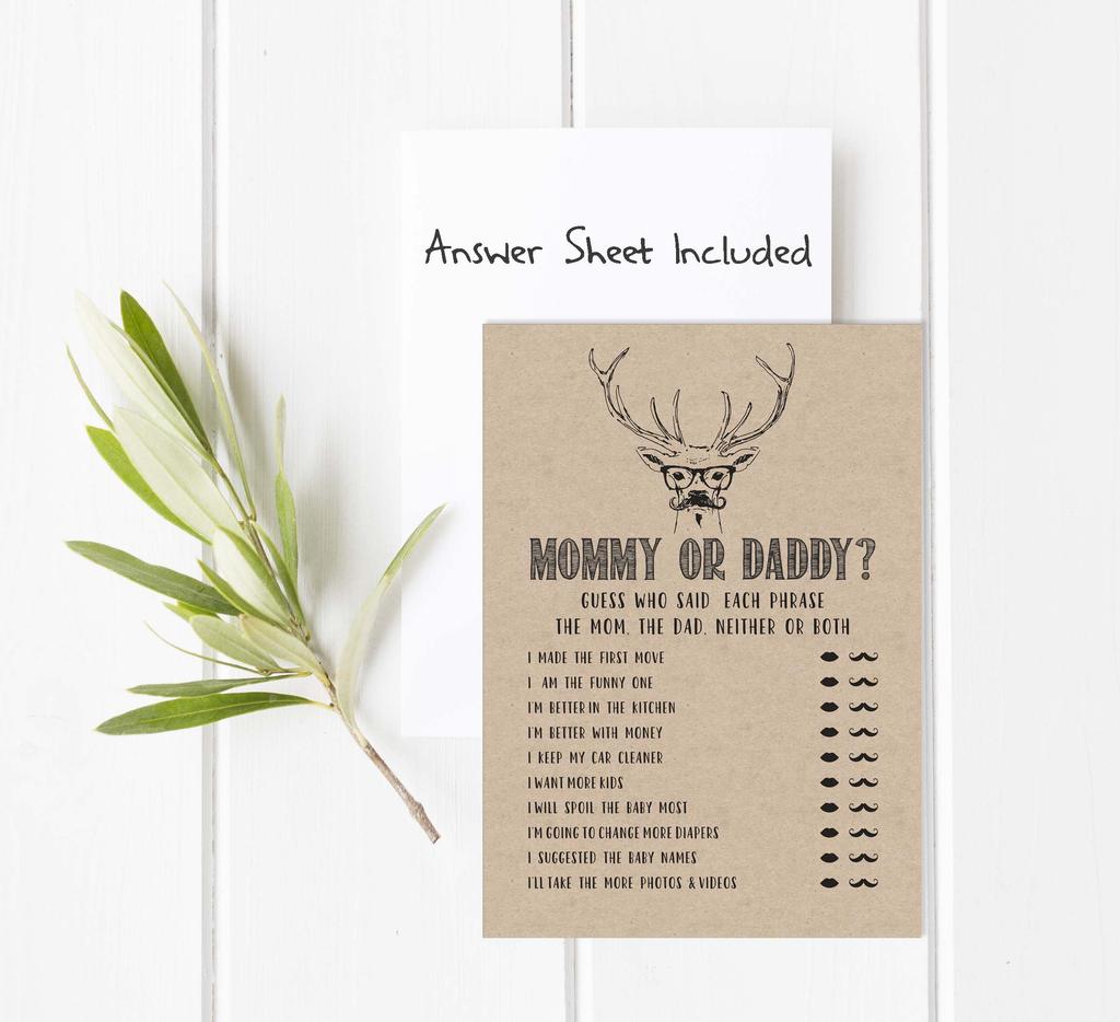Inkdotpot Who Said it Game Mommy Or Daddy 50 Sheet Fun Baby Shower Game Gender Neutral Swamp Deer Rustic Kraft Party Supply