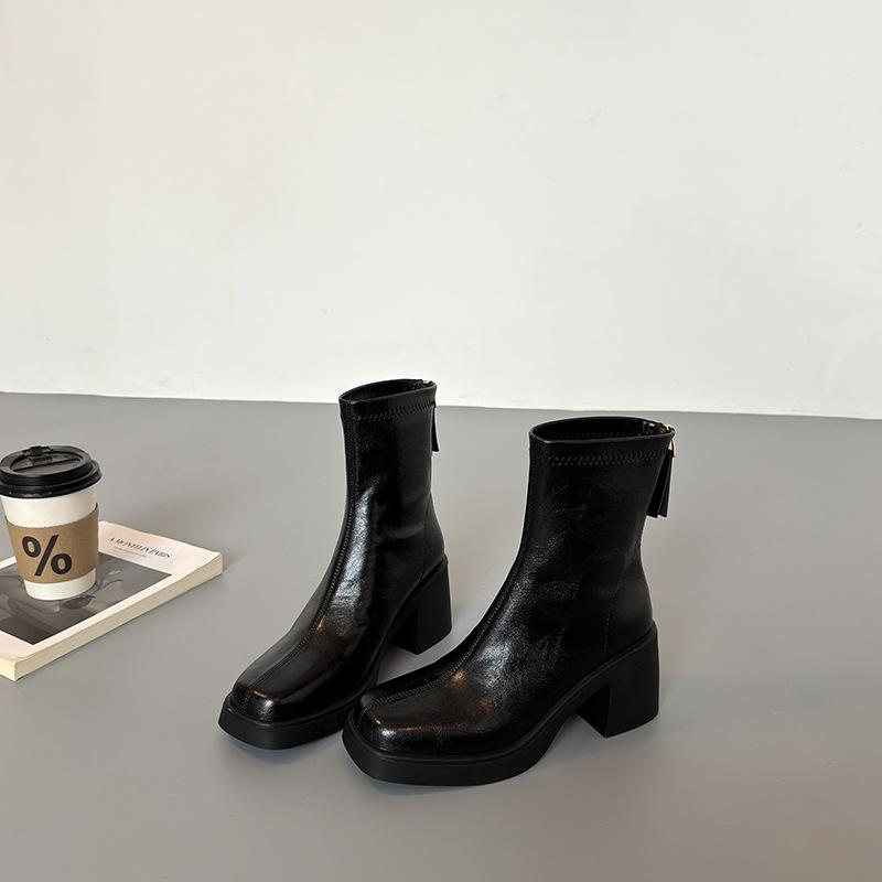 Thick soled short boots 2026 Spring and Autumn high-heeled short boots square toe women's boots