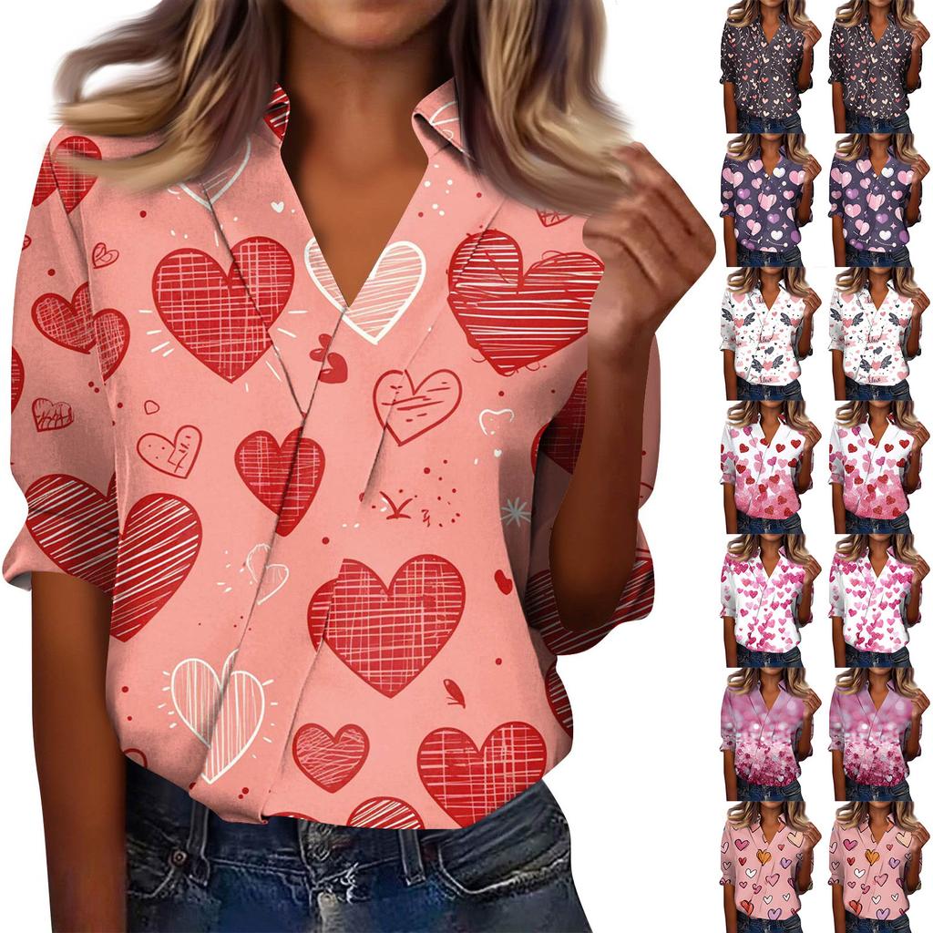 Camisa Feminina Manga 3/4 Decote V Estampada Roupa de Trabalho Casual Regular Colarinho