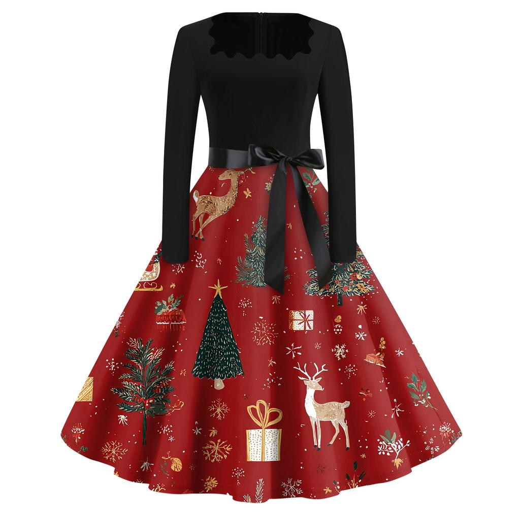 Christmas Print Flare Dress For Women Long Sleeve Dress Hollow Party Casual Square Collar Dresses