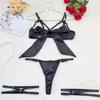 Hollow Out Underwear Three Piece Set Bow Women Lingerie Set Comfortable Satin Silk Bra Suit  Home
