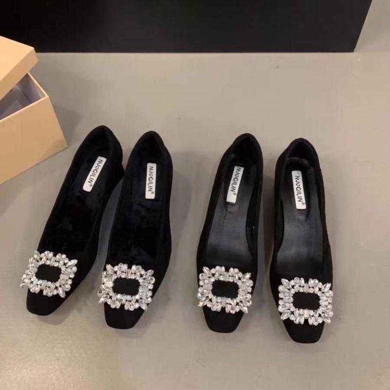 Square head rhinestone single shoes women's thick heel autumn new versatile soft sole not tired feet Mary Jane high heels