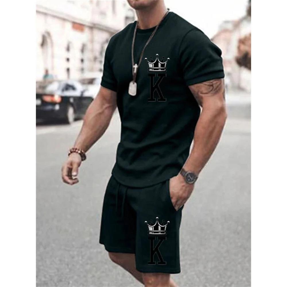 New Summer Men's Casual Suit Oversized Two-Piece Simple Casual Streetwear King Print Beach Suit Men's Comfortable Soft Breathable Shorts Sport Swear