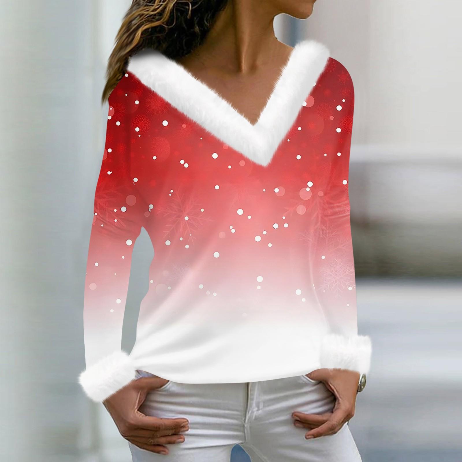 

Женская мода повседневная плюшевая кофта с длинным рукавом и V-образным вырезом с рождественским принтом XL арбуз красный