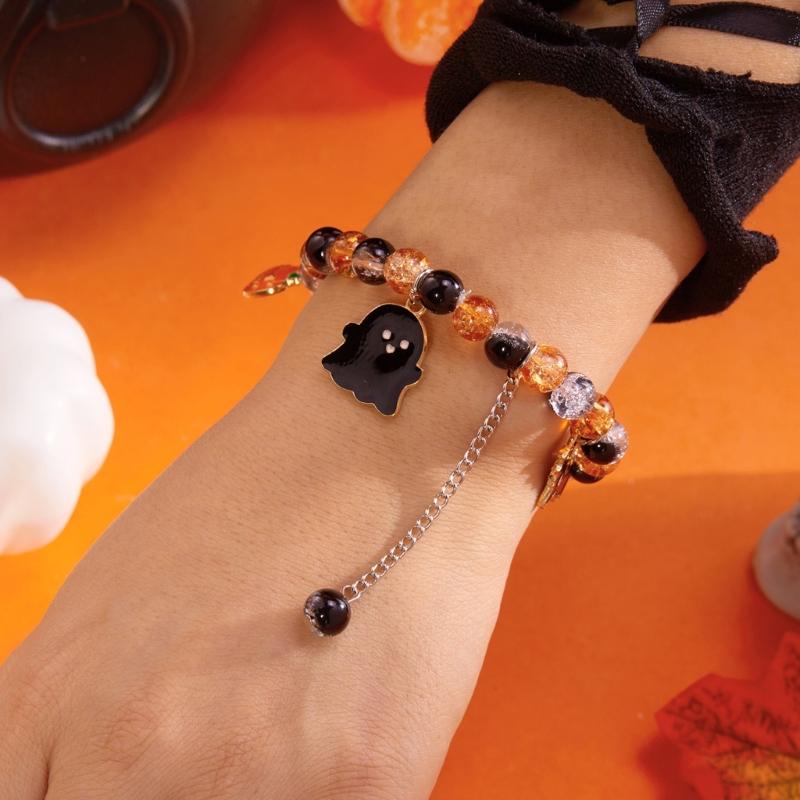 Elastic Bead Bracelets Featuring Cute Pumpkin Specter Charm Perfect for Halloween Costume Party Accessories and Gifts