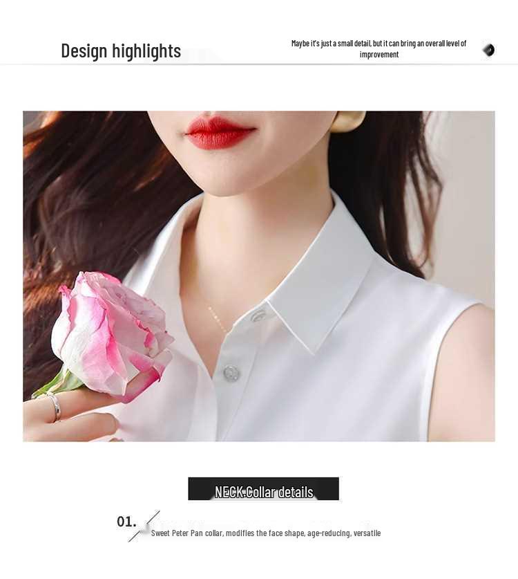 Dámská bílá šifonová halenka bez rukávů - Profesionální košile s límečkem na jaro/léto