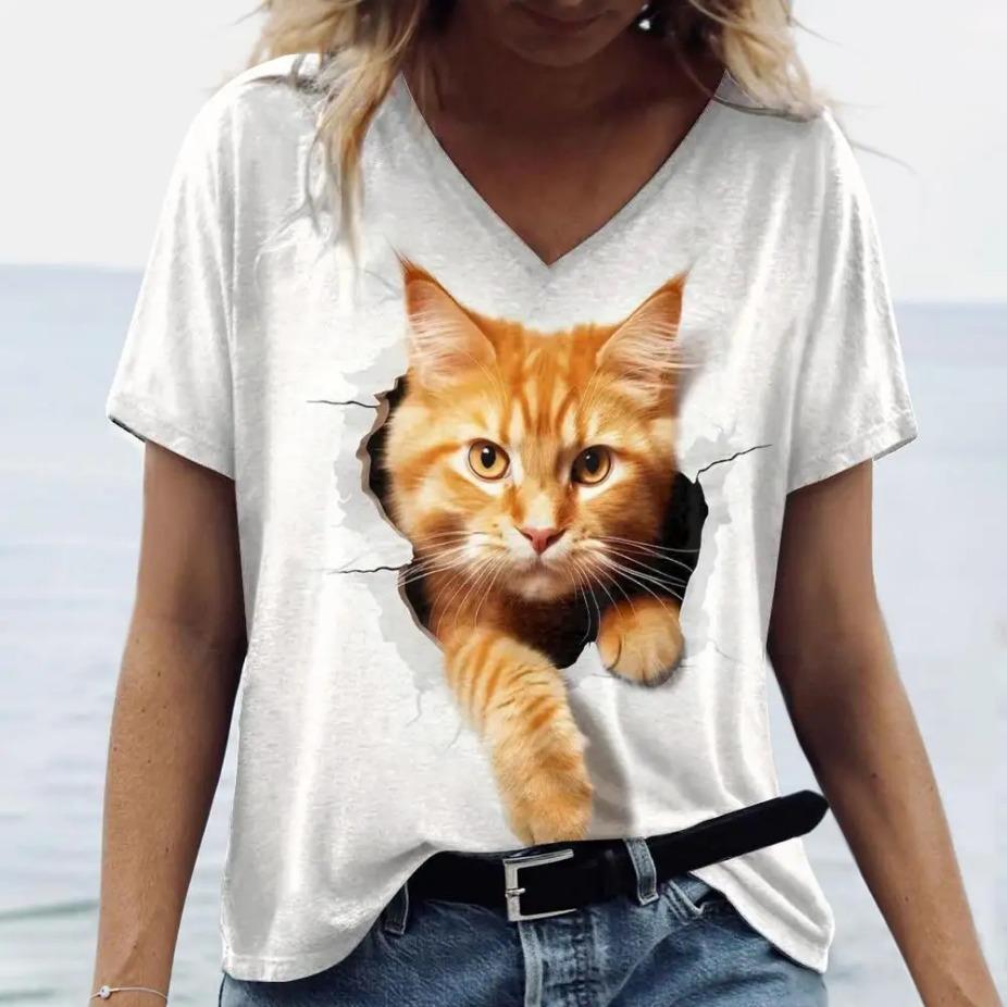 Summer V-neck 3D Animal Cat Dog Printed Top Fashionable Casual Short Sleeved Women's T-shirts